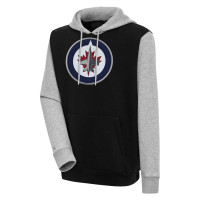 Winnipeg Jets Antigua Victory Colorblock Pullover Hoodie - Black/Heather Gray